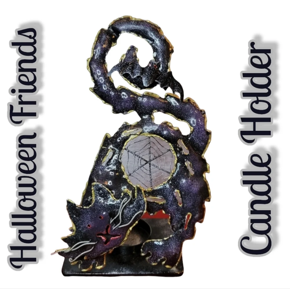 Vtg Halloween Candle End Up Metal Enamel Artwork Sculpture Cat Bat Spider Web